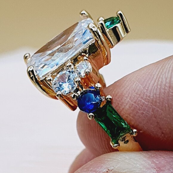 💎 Trendy Colourful Gemstone Dainty Large Rectangle Gold Rings  Women, INDN8511 - Picture 7 of 11